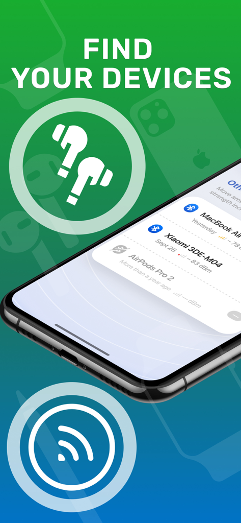 Mobile app interface showing a list of nearby Bluetooth devices like AirPods and MacBook for easy tracking.