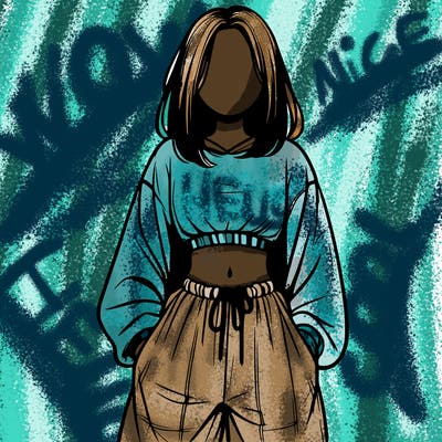 realistic girl faceless with baggy pants and a crop top