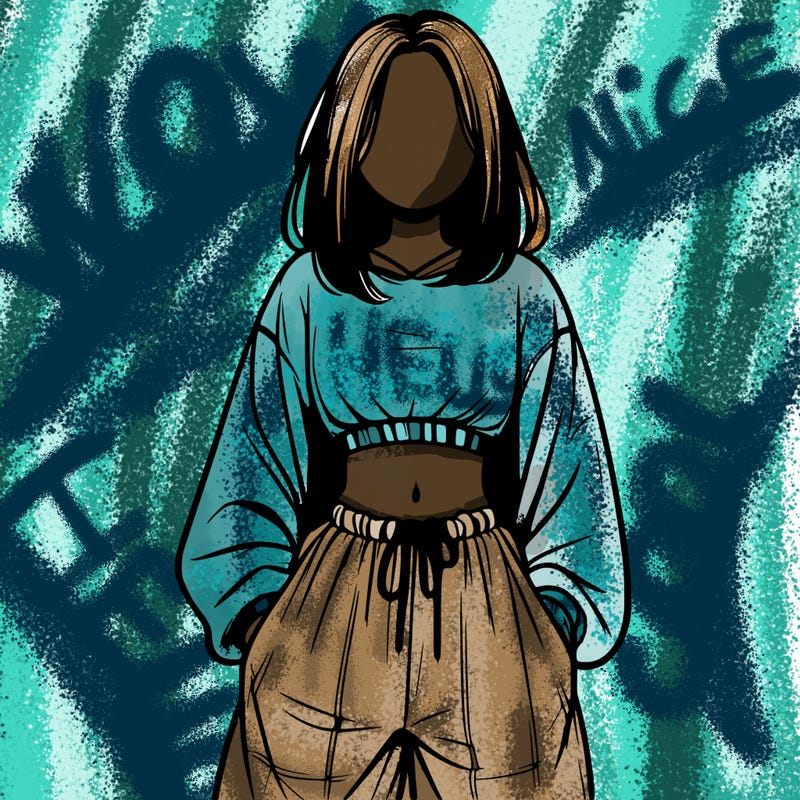 realistic girl faceless with baggy pants and a crop top