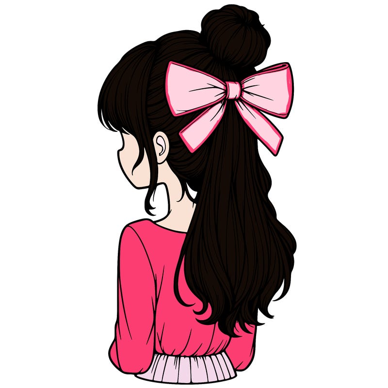realistic girl  with hip length hair a bun and a big bow on the back of head