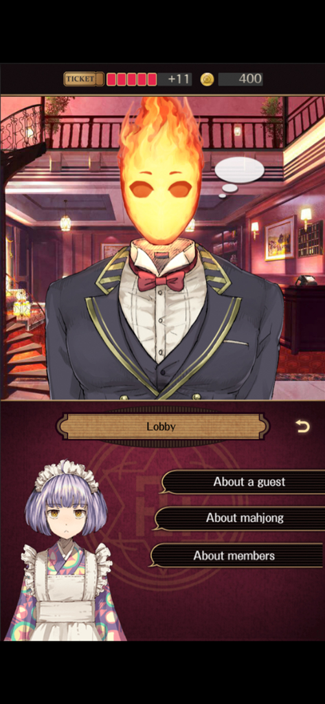 TASOKARE HOTEL - Interface de diálogo em TASOKARE HOTEL mostrando um mordomo com a cabeça em chamas e uma empregada no saguão