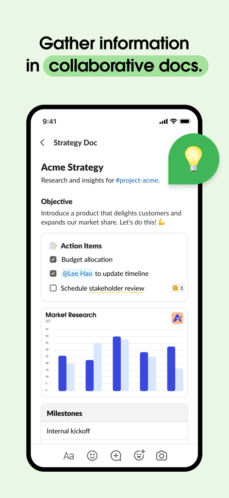 Slack mobile interface showing a collaborative strategy document with checklists and charts