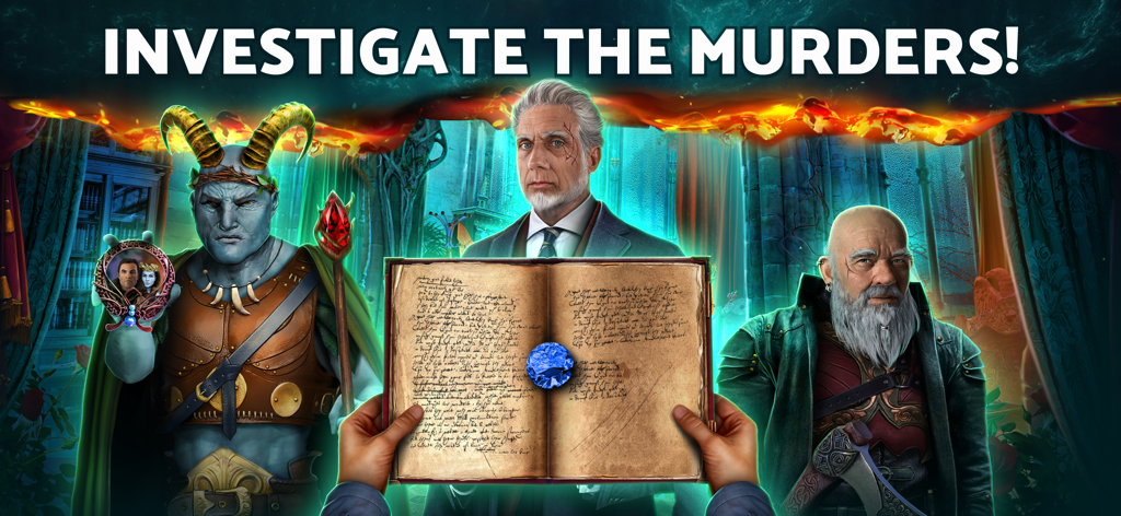 Personajes de Secret City parados detrás de un diario abierto con el texto Investiga los asesinatos