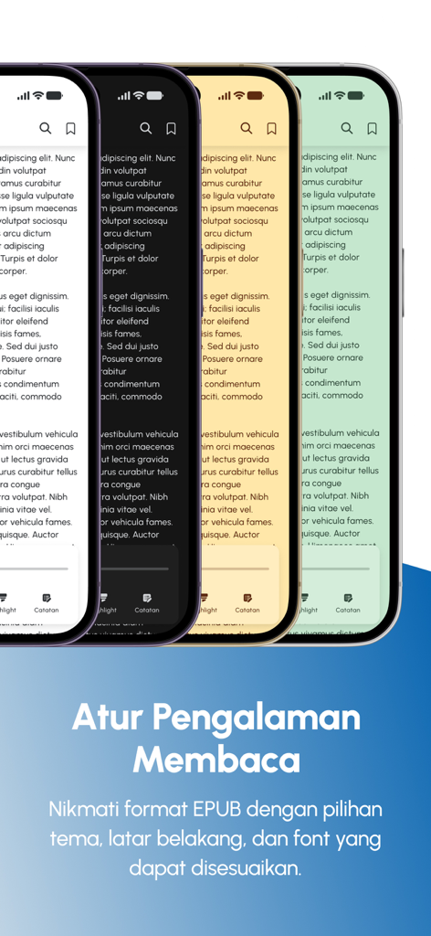 Vier Smartphone-Bildschirme, die verschiedene Hintergrundfarbthemen für das Lesen eines eBooks zeigen, darunter helle, dunkle Sepia- und grüne Modi