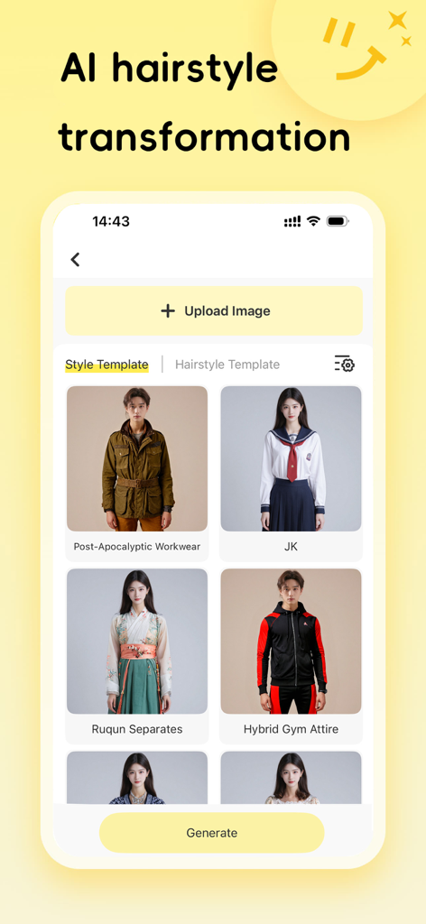 Hair Edit - Hair Edit app interface displaying AI style templates for hair and outfit transformation with an upload image button.