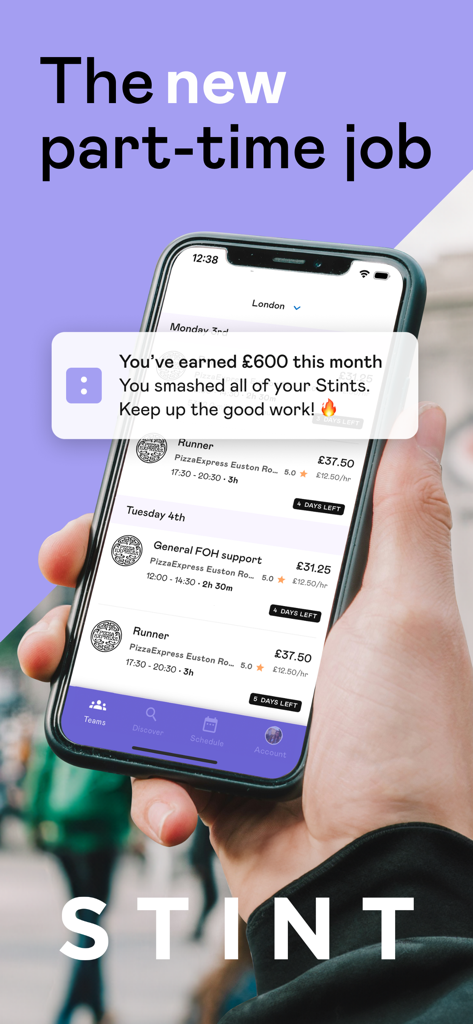 A person holding a smartphone showing the Stint Students app with a notification of monthly earnings and a list of upcoming hospitality shifts.