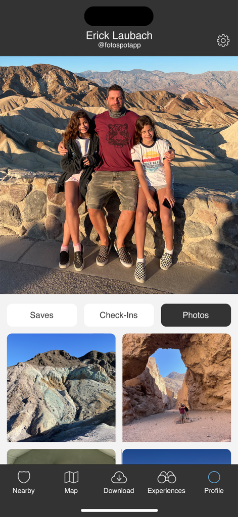 Death Valley Offline Guide - User profile screen in the Death Valley Offline Guide app showing personal travel photos and desert landscapes