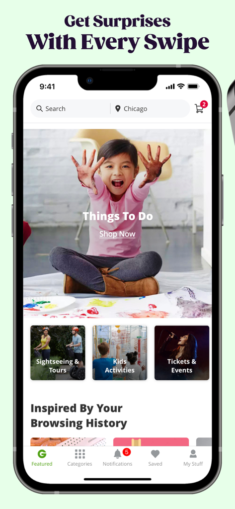 Captura de pantalla de la pantalla de inicio de la aplicación Groupon que muestra cosas que hacer y actividades locales en Chicago