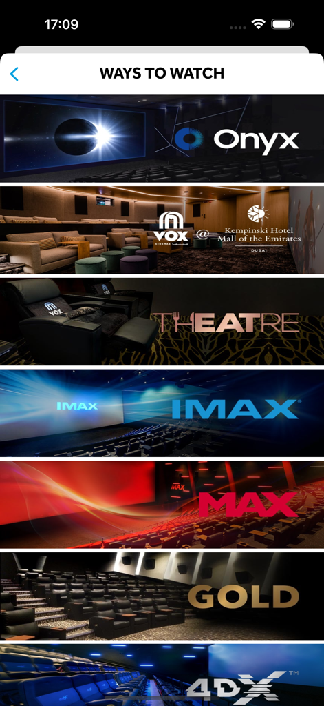 VOX Cinemas app screen displaying premium viewing experiences including IMAX Gold and Theatre