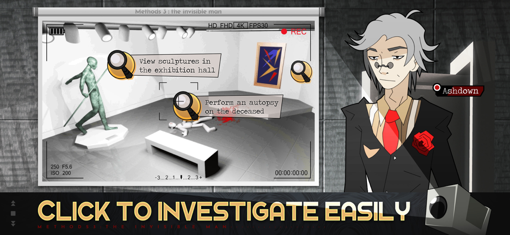 Methods 3: The Invisible Man - A crime scene investigation screen in Methods 3 featuring magnifying glass icons and the character Ashdown.