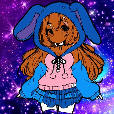 pretty anime girl wearing a fluffy hoodie with bunny ears on the hood and a skirt