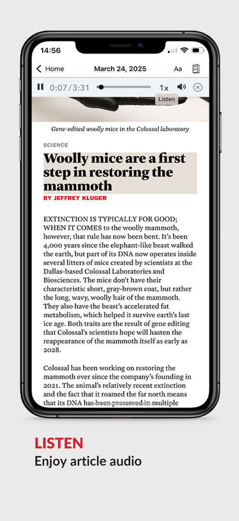 TIME Magazine - TIME Magazine app interface showing an article with a feature to listen to audio narration