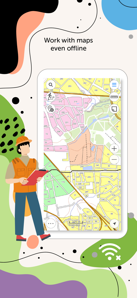 eLiteMap - Smartphone screen showing eLiteMap app with interactive offline maps and a field worker illustration