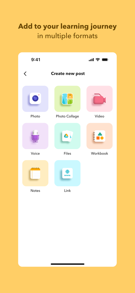 Toddle Student - Interface of the Toddle Student app showing various formats to document learning including photo video voice and notes