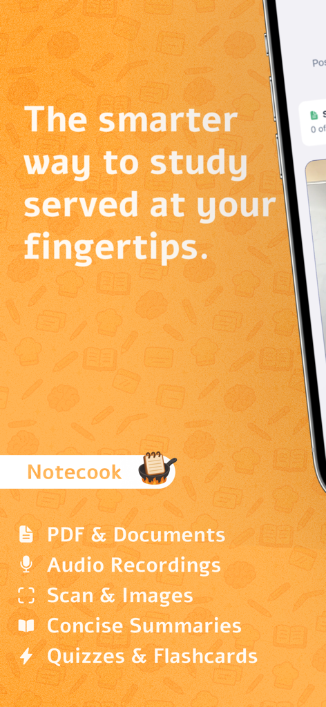Notecook: AI Note Taker - Introductory screen of Notecook AI Note Taker listing study features like PDF support, audio recordings, summaries, and flashcards on an orange background.