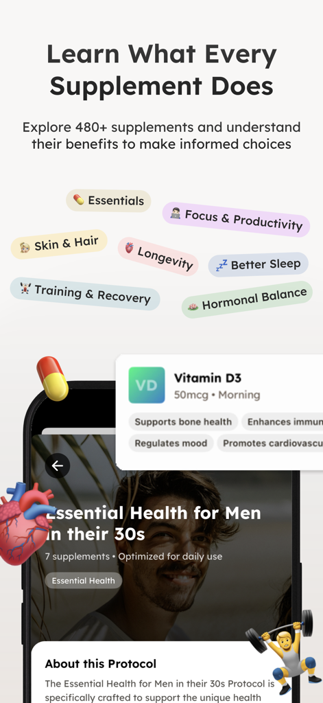 Un aperçu de l'application SuppMate mettant en évidence les avantages des suppléments et les protocoles de santé pour les hommes dans la trentaine.