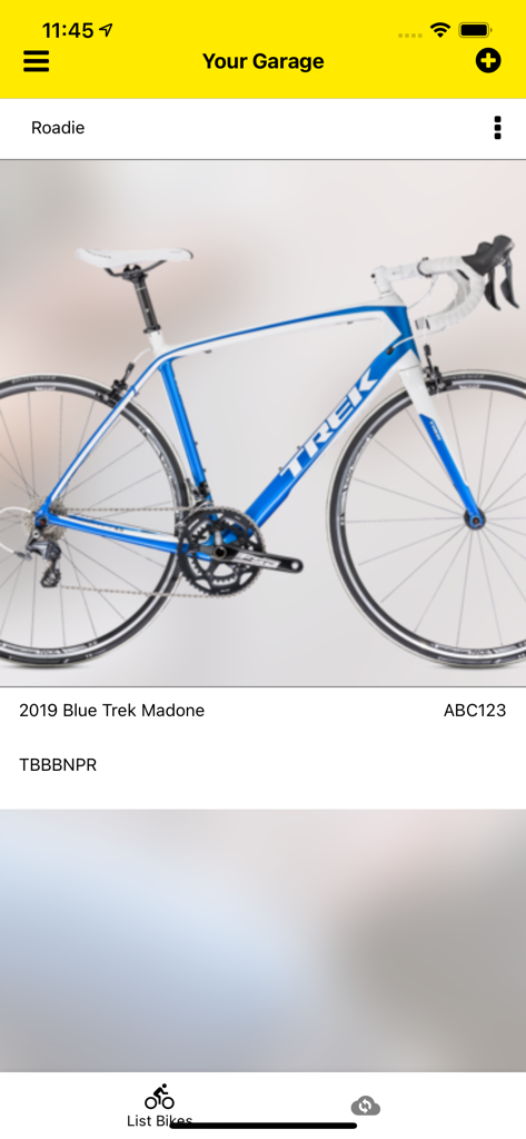 529 Garage - 529 Garage app interface showing a registered blue Trek Madone road bike in the user's digital garage