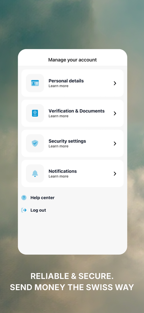 Sendvalu mobile app account management and security settings screen