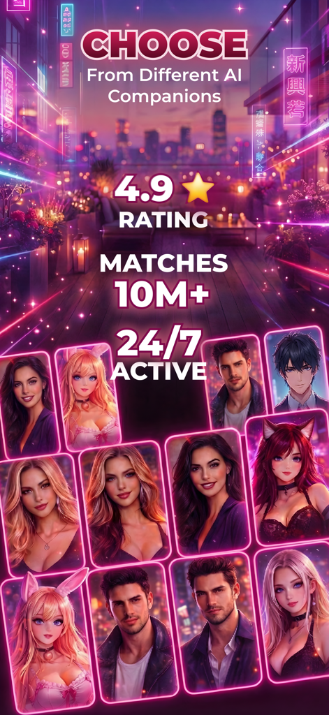 A selection of diverse AI companions including anime and realistic styles on the Blush dating app interface.