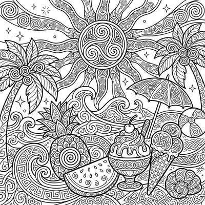 Unleash your creativity with this enchanting summer coloring page, where the warmth of the sun meets the intricate beauty of Celtic spirals. Featuring beach delights and tropical treats, it's perfect for a relaxing and imaginative coloring session.