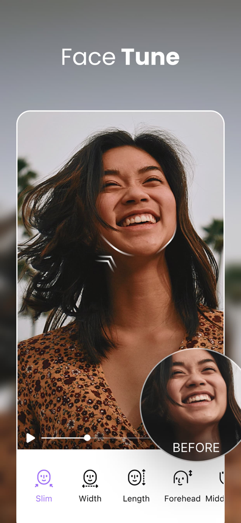 AirVid app interface showing the Face Tune tool with options to slim and reshape a face in a video