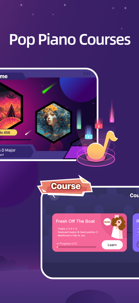 Die Benutzeroberfläche der TheONE Smart Piano App zeigt Pop-Klavierkurse und einen gamifizierten Wasserfall-Musiklernbildschirm.