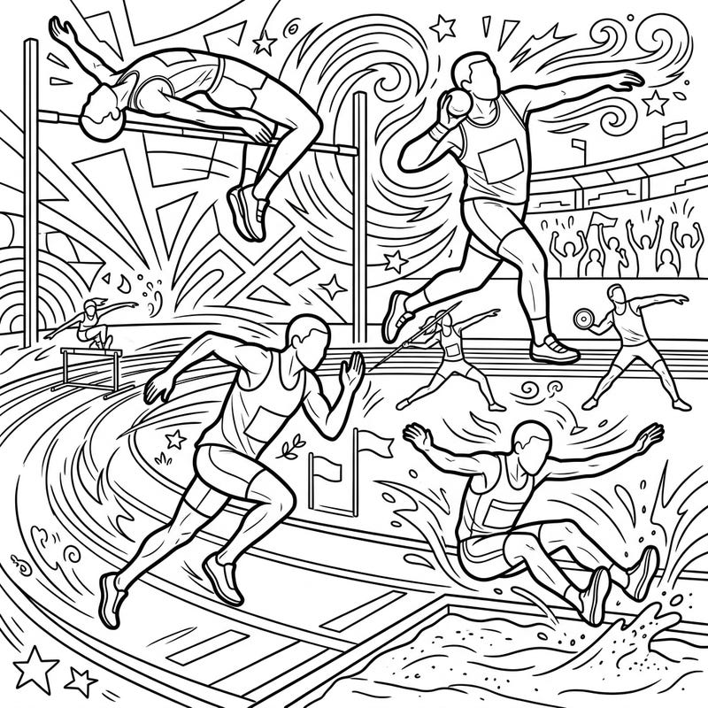 Experience the ultimate test of athletic prowess with this action-packed coloring page featuring combined event athletes. From high jumps to sprints, explore the diverse disciplines of track and field.