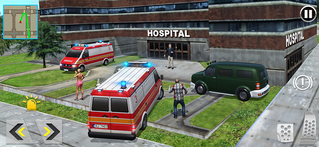 Firefighter Vehicles Rescue 3D - Ambulance vehicles parked in front of a hospital building in the Firefighter Vehicles Rescue 3D simulation game.