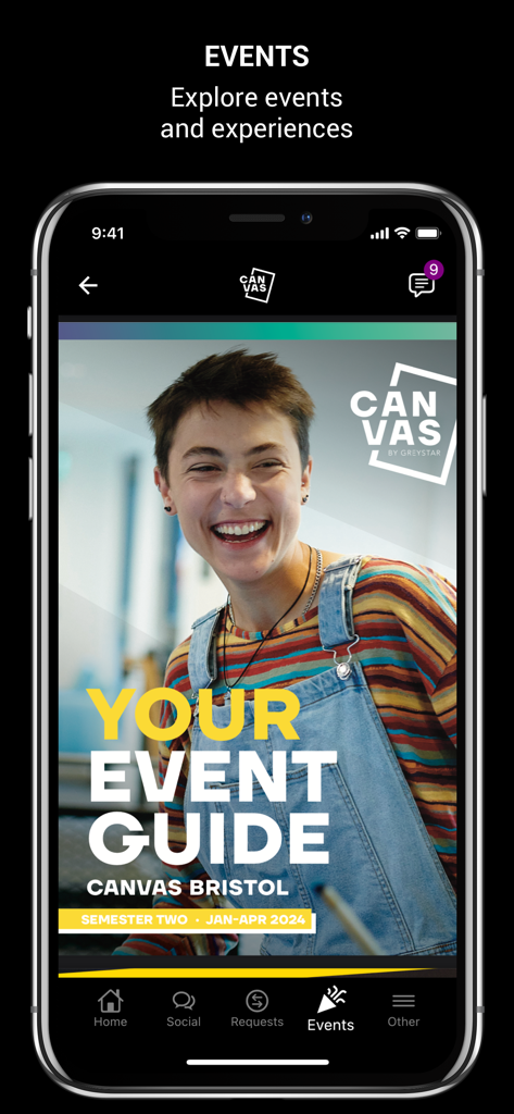 Smartphone screen showing the student resident event guide on the My Canvas App