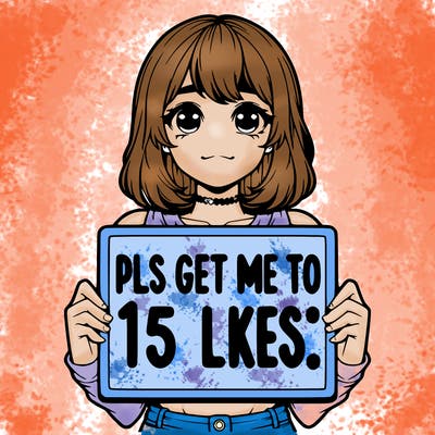 realistic girl holding up a sign that says “pls get me to 15 likes!”
