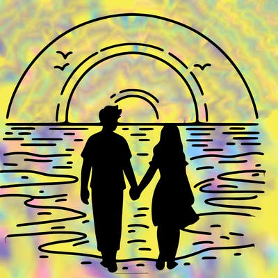a couple walking on the beach at sun set