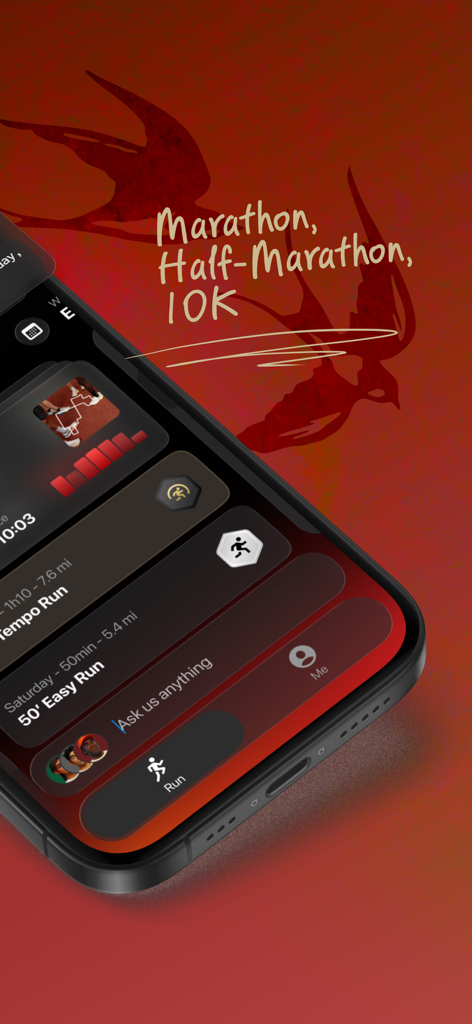 Kotcha running app interface with marathon half marathon and 10k training plans
