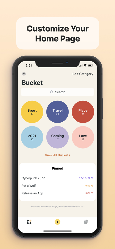 The home page of the Bucket app showing goal categories and pinned tasks