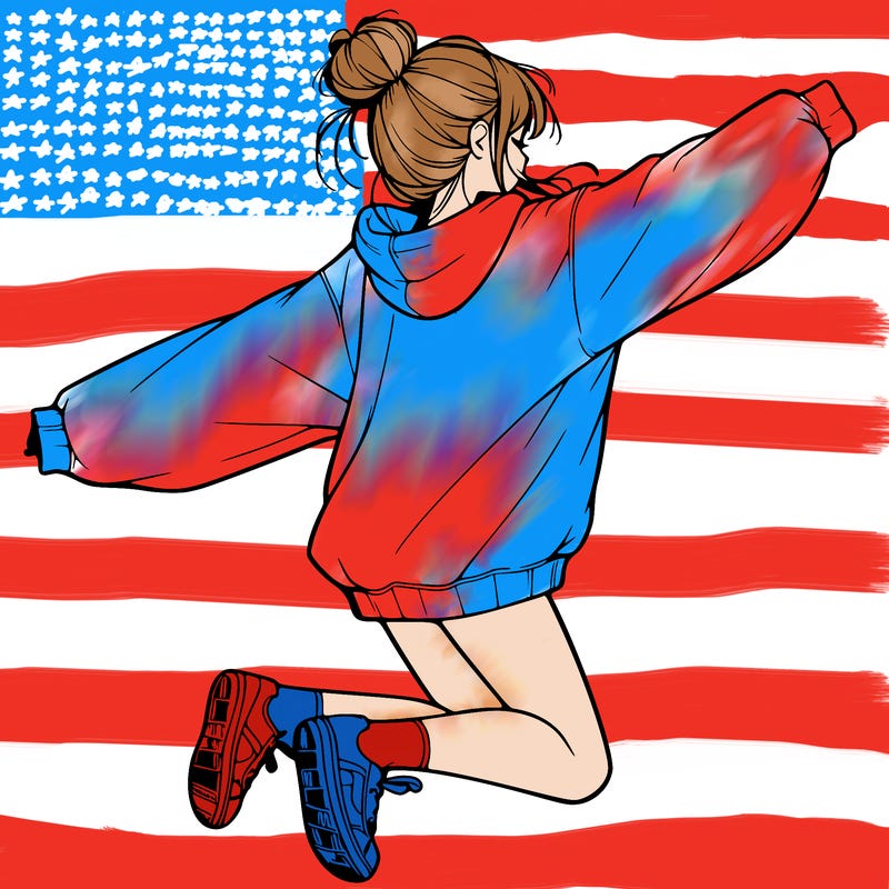 realistic girl jumping with a bun and oversized sweatshirt