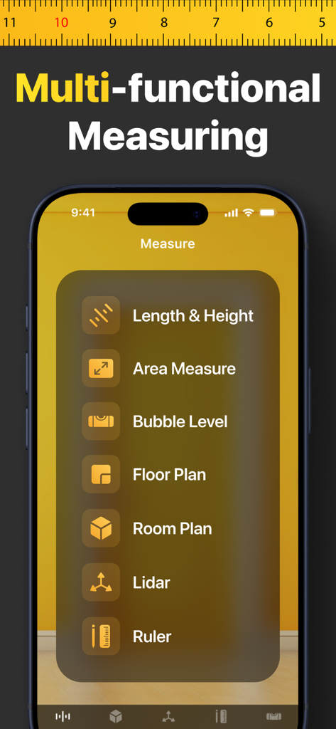 Main menu of the Tape Measure app on iPhone showing tools for length area floor plan and bubble level