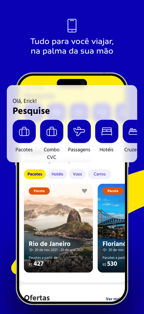 Tela inicial do aplicativo de viagens da CVC mostrando ícones para pacotes, voos e hotéis com ofertas de destinos brasileiros