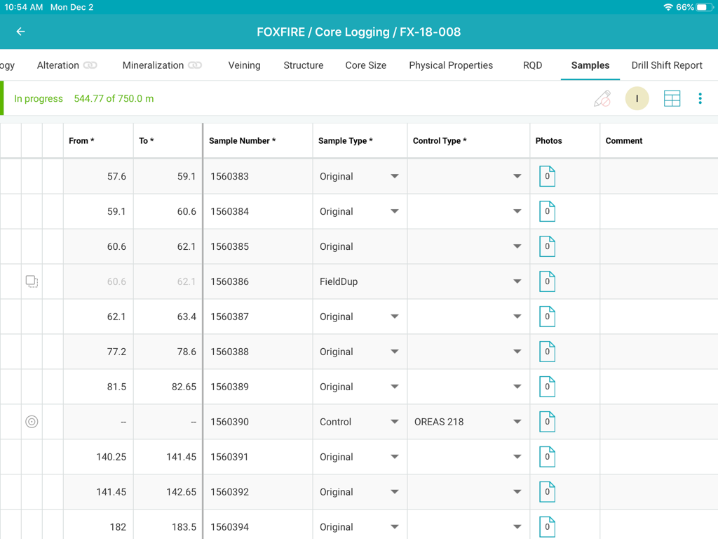 MX Deposit core logging interface showing a samples data table