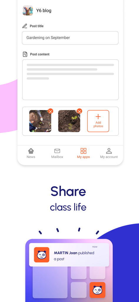 Interface de l'application ONE Pocket montrant un écran de création de publication de blog pour les activités scolaires et une notification d'une nouvelle publication.