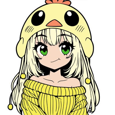 anime girl with chick shaped hat with sweater with bare shoulders with bangs covering them one eye with low tail