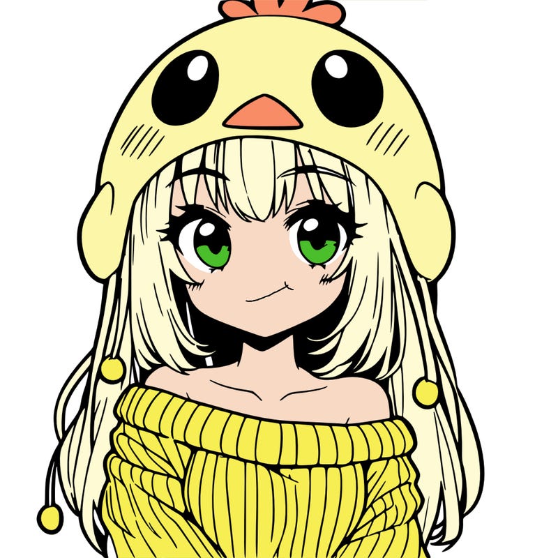 anime girl with chick shaped hat with sweater with bare shoulders with bangs covering them one eye with low tail