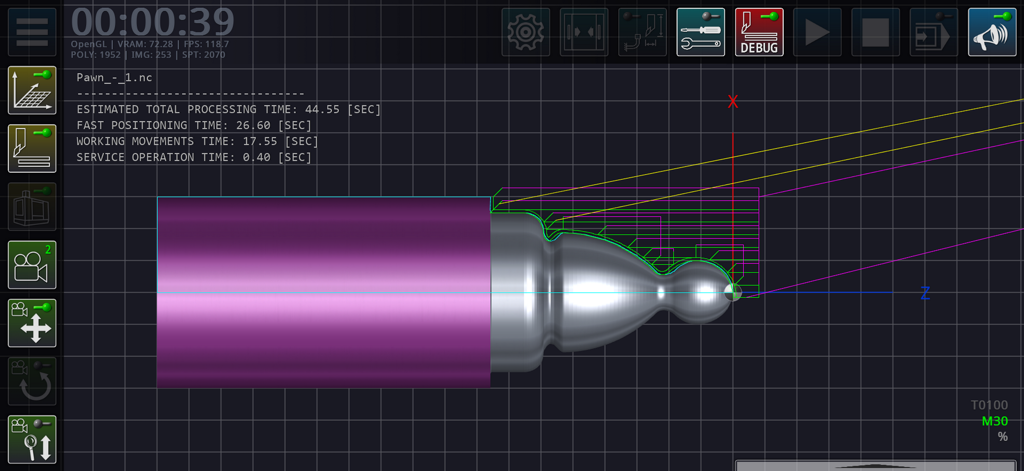Une visualisation de trajectoire d'outil en 3D d'une pièce métallique usinée dans l'application Simulateur de Tour CN, montrant le temps de traitement et les axes.