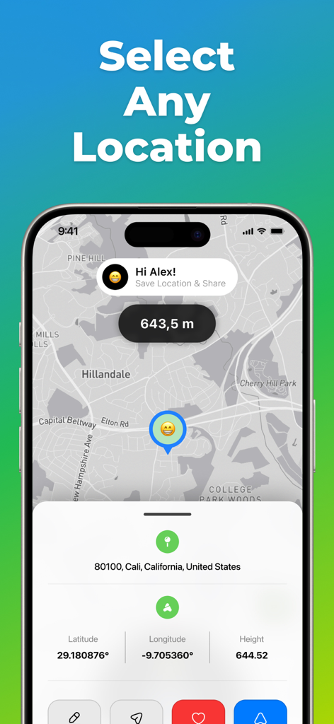 Map view in Location Changer app displaying GPS coordinates and altitude for a selected pin.
