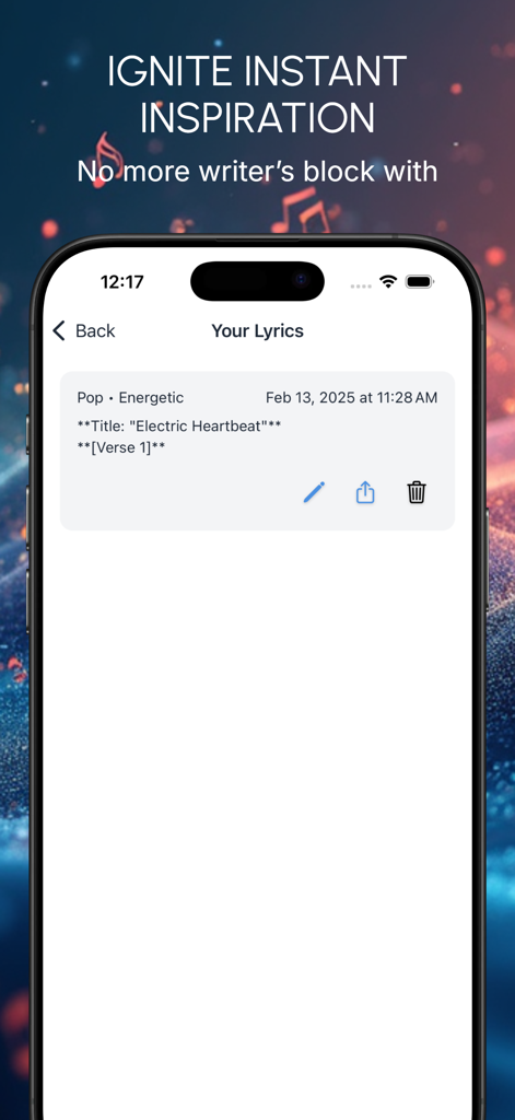 AI Lyric Generator GhostWriter - Aplicativo Gerador de Letras de IA GhostWriter exibindo letras para uma música pop energética.