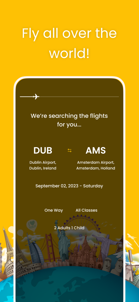Ubfly - Cheap Flights - Interface do aplicativo móvel Ubfly pesquisando voos de Dublin para Amsterdã com um fundo de ilustração de marco global