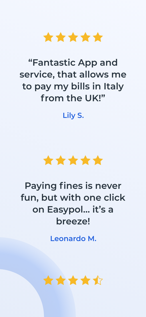 Easypol - PagoPA e Bollo auto - Reseñas de clientes de la aplicación Easypol que muestran calificaciones de cinco estrellas y testimonios positivos sobre el pago de facturas y multas italianas desde el extranjero.