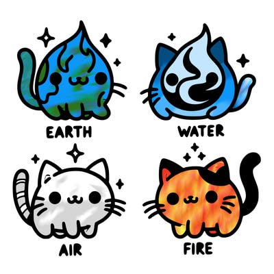 4 cats that represent the different elements, earth, water, air, and fire