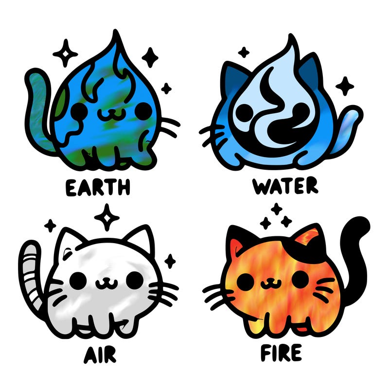 4 cats that represent the different elements, earth, water, air, and fire