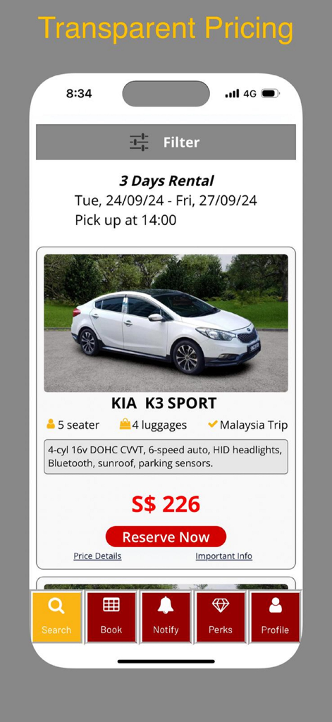 WD11 Car Rental - A screenshot of the WD11 Car Rental app showing a Kia K3 Sport booking with transparent pricing