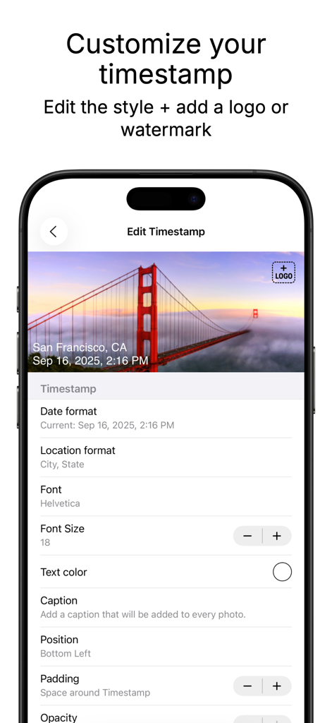 Timestamp It - Photo Stamper - User interface to edit timestamp style font and add logos to photos