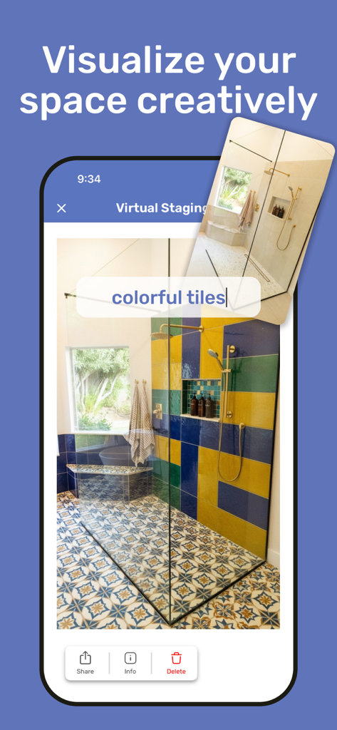 Mood Board creator - HomeBoard - HomeBoardアプリのバーチャルステージング機能で、カラフルなバスルームタイルを視覚化している様子
